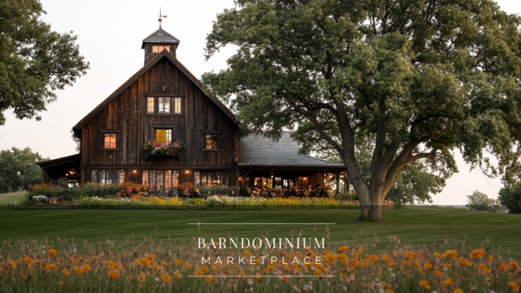 A rustic barndominium with dark wooden siding, surrounded by vibrant flowers and lush greenery in a serene countryside setting.