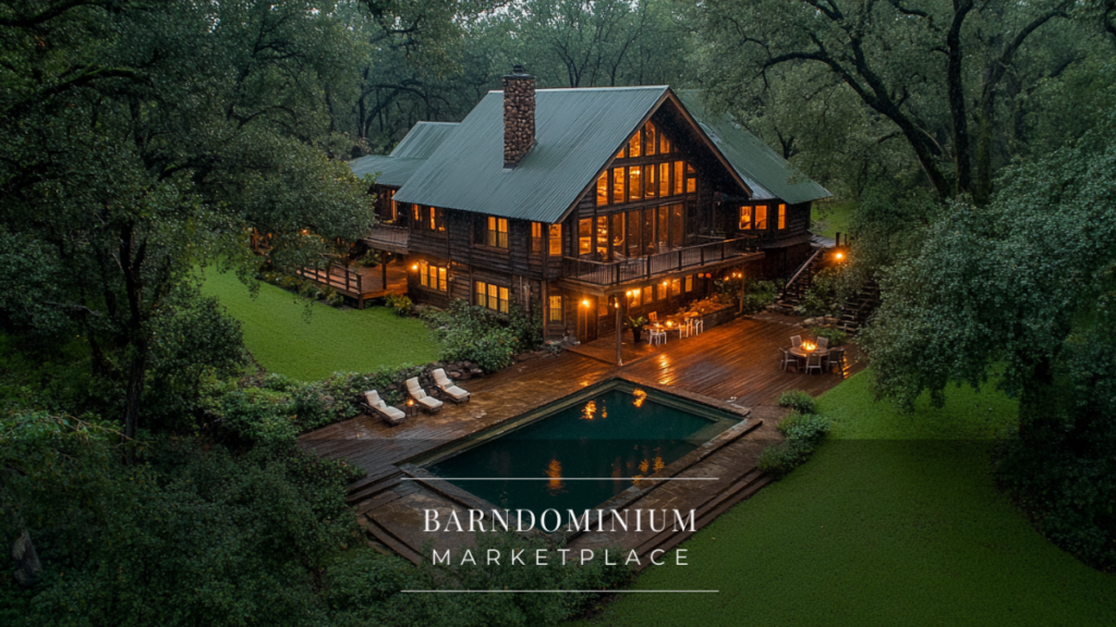 A luxurious barndominium surrounded by a lush forest, featuring a spacious deck, glowing interior lights, and a serene pool for rustic-modern living.